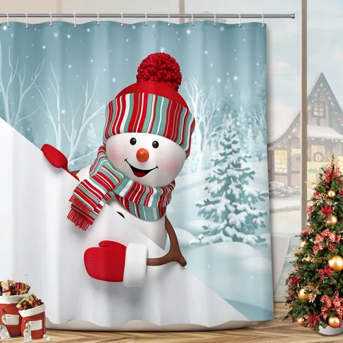 Miniatura 7 de BROSHAN Cortina de ducha de Navidad para niños, 72 x 78 pulgadas, juego de cortina de ducha de Navidad de tela con bonito patrón de muñeco de nieve