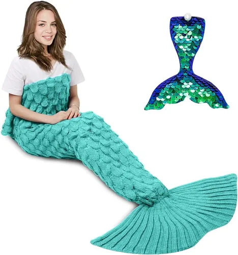 Miniatura 12 de AmyHomie Manta de cola de sirena, manta para niños, saco de dormir de sirena de ganchillo, regalo de sirena para niñas (azul claro, niños)