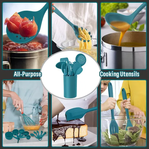 Miniatura 4 de Juego de utensilios de cocina de silicona, E-far 23 piezas de utensilios de cocina azules con soporte para utensilios de cocina antiadherentes