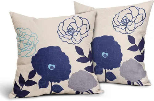 Miniatura 29 de Sweetshow Juego de 2 fundas de almohada florales de color azul marino de 16 x 16 pulgadas, fundas de almohada cuadradas de lino con estampado