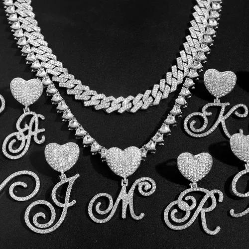 Miniatura 4 de DLSIXNCO Cadena de eslabones cubanos de plata para mujer, collares en capas con iniciales cursivas en forma de corazón, collar con colgante