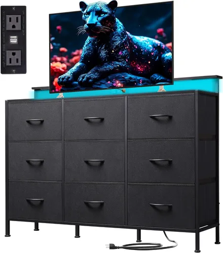 Miniatura 17 de Soporte de TV negro para TV de 45, 50, 55 pulgadas, mesa consola multimedia de TV con luces LED y estación de carga, centro de entretenimiento con 8