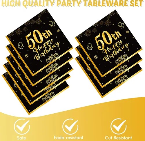 Miniatura 4 de 40 piezas Decoraciones de 50 cumpleaños Juego de mantelería para fiesta de 50 cumpleaños Incluye platos y servilletas de 50 cumpleaños en negro