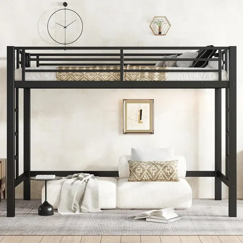 Miniatura 11 de Twin Size Metal Loft Bed with Open Space Underneath, Heavy Duty Bed Frame with 2 Ladders and Tall Guardrail for Adults, Kids and Young Teens, Black