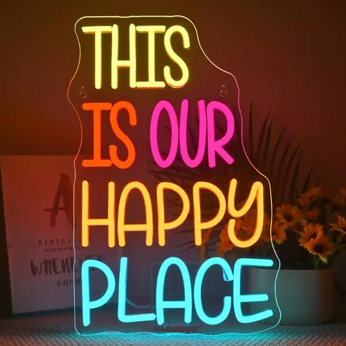NOSUN Letrero de neón con texto en inglés «This is Our Happy Place» para decoración de pared, letras coloridas y alegres, luces LED de neón con USB