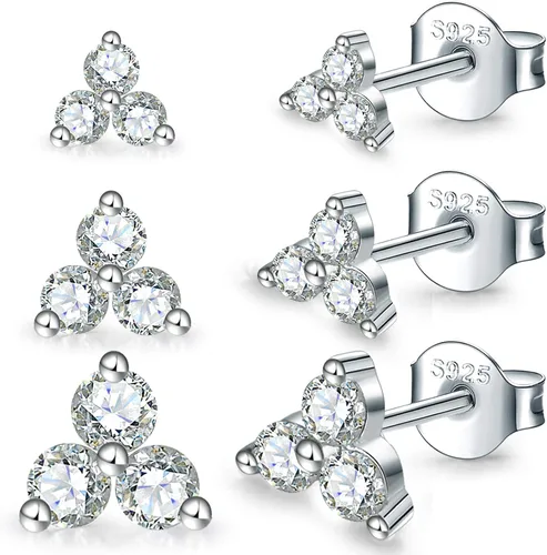 Juego de aretes de plata de ley para mujeres y niñas, 3 pares hipoalergénicos chapados en oro blanco pequeño con circonita cúbica