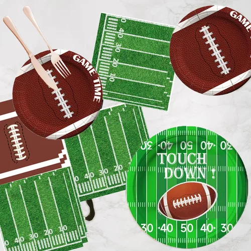 Miniatura 6 de Decoraciones de fiesta de fútbol, juego de suministros para fiesta de fútbol con platos, servilletas, pancarta y mantel, kit de decoración de fiesta
