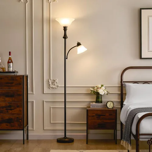 Miniatura 5 de Lámpara de pie Torchiere de 71 pulgadas para dormitorio con pantalla de cristal, lámparas de pie altas para sala de estar con luz de lectura de arco