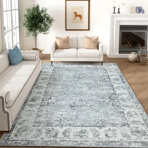 Miniatura 63 de Jinchan Fiora - Alfombra redonda de 8 pies, alfombras vintage con diseño floral envejecido, lavable a máquina, antideslizante, de pelo bajo, Azul
