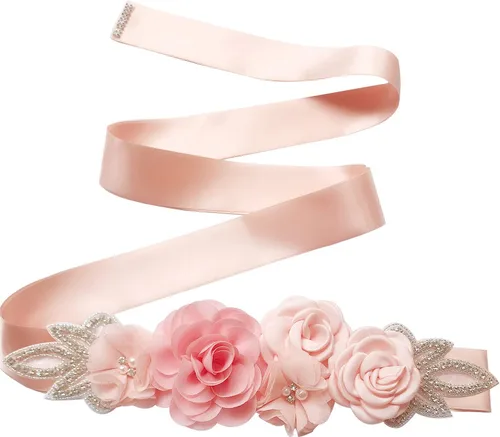 Huralona Cinturón de cinta de satén de 106 pulgadas con flores hechas a mano, perlas de diamantes de imitación, elegante para boda, vestido de