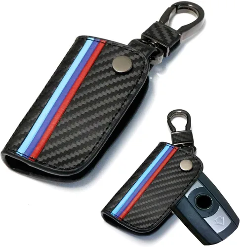 iJDMTOY Emblemático llavero de cuero con patrón de fibra de carbono negro de 3 colores con llavero compatible con el mando a distancia BMW (antiguo