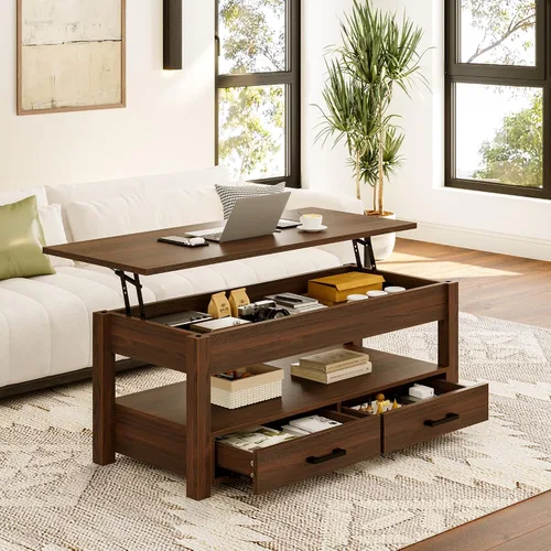 Miniatura 9 de FABATO Mesa auxiliar elevable de 41.7 pulgadas con 2 cajones de almacenamiento con compartimento oculto, estante de almacenamiento abierto para sala