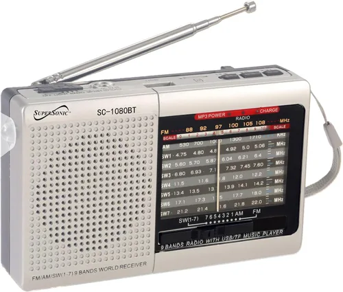 Miniatura 4 de Supersonic Radio SC-1080BT de 9 bandas con Bluetooth, radio estéreo portátil pequeña multibanda, entrada USB y micro SD, luz de antorcha y batería