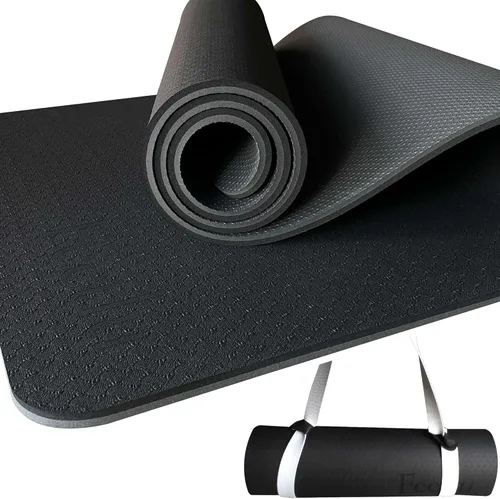 Tapete de yoga para ejercicios extra grueso con correa - 2/5 pulgadas (10 mm), tapete antideslizante para entrenamiento de yoga, pilates y Negro-