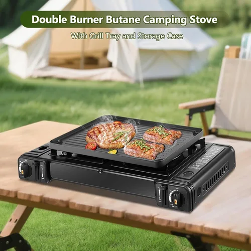 Miniatura 2 de Estufa de butano de doble quemador, kit de estufa de butano para acampar con bandeja para hornear y funda de transporte, quemador portátil