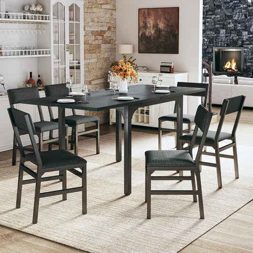Miniatura 9 de Juego de mesa de comedor de 7 piezas para 4-6, sillas extensibles para mesa de cocina, juego de 6 con 6 sillas, mesa de comedor rectangular con Negro