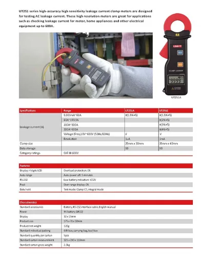 Miniatura 2 de UNI-T Uni-Trend Medidor de abrazadera multímetro UT251A UT251C UT253A Medidor de pinza de fuga de corriente Detector digital de alta precisión