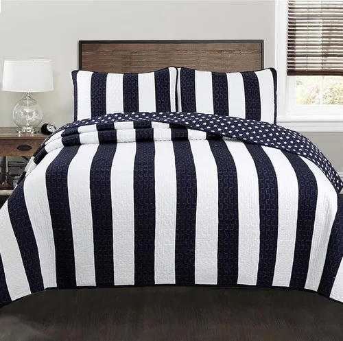Miniatura 19 de Cozy Line Home Fashions Juego de ropa de cama acolchada reversible para niño de 100% algodón a rayas azul marino, colcha cubrecama para todas