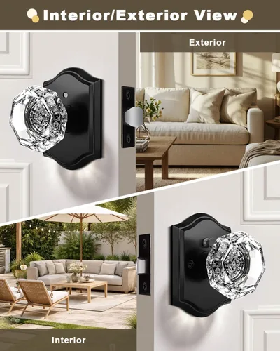 Miniatura 3 de Gobrico Juego de 3 pomos de puerta de cristal transparente, perillas de puerta de privacidad, función de cama/baño, perilla interior de forma Negro