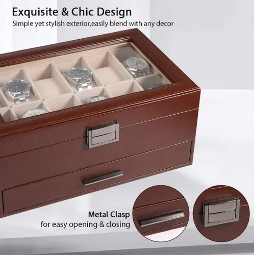 Miniatura 3 de Voova Joyero organizador de cajas de reloj para hombres y mujeres 2 capas grandes de 12 ranuras de piel sintética estuche de almacenamiento