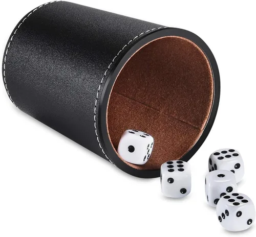Miniatura 6 de Juego de tazas de cuero para dados, 5 tazas de dados negros + 25 dados + funda exclusiva de almacenamiento y transporte hecha de piel sintética