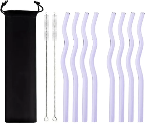 Miniatura 18 de JASHII Pajitas de vidrio onduladas incoloras, 8 pajitas de vidrio reutilizables de 7.87 x 0.31 pulgadas con bolsa negra, multicolor para beber