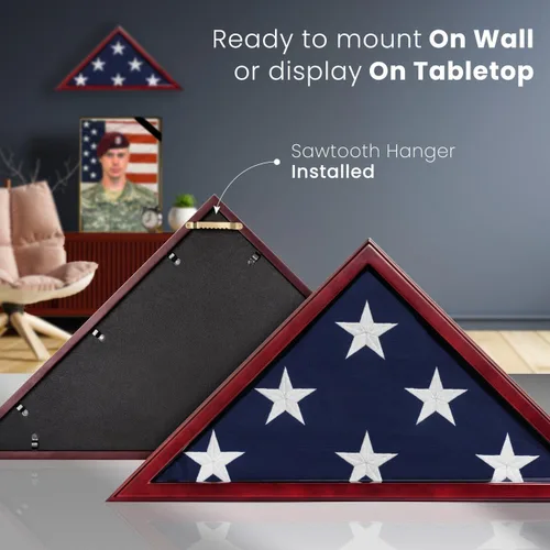 Miniatura 4 de Vitrina frontal de cristal para bandera de entierro, caja de bandera montada en la pared de 9.5 x 5 pies para bandera de veteranos estadounidenses