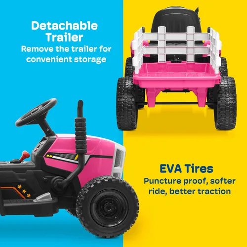Miniatura 4 de Kidzone - Versión premium de 12 V 7 AH con neumáticos de goma EVA con motores duales de 35 W, tractor eléctrico alimentado con remolque, juguete