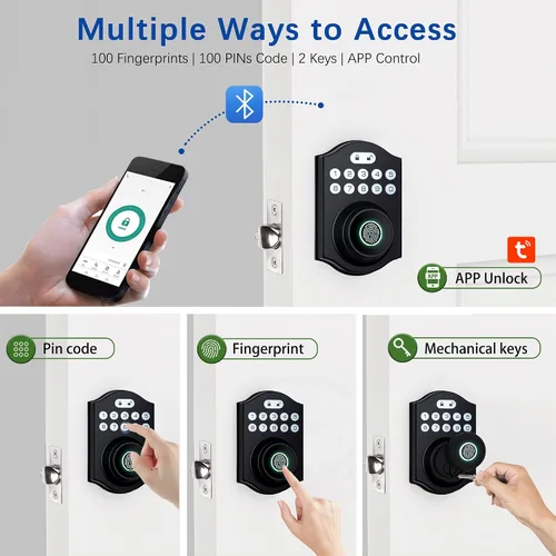 Miniatura 2 de Cerradura inteligente de puerta de huellas dactilares, cerrojo de entrada sin llave con teclado electrónico, control de aplicación Bluetooth, Negro