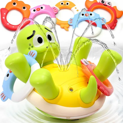 Sizobi Juguetes de Baño para Bebés, Juguete de Baño de Tortuga Recargable con Rociador para Niños Pequeños con 5 Anillos, Juguete de Rociador de