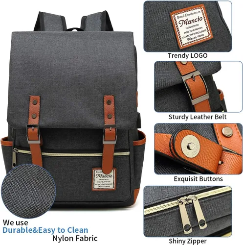 Miniatura 5 de Mancio - Mochila vintage para portátil con puerto de carga USB, mochila de negocios delgada resistente a roturas para viajes, universidad, mochilas