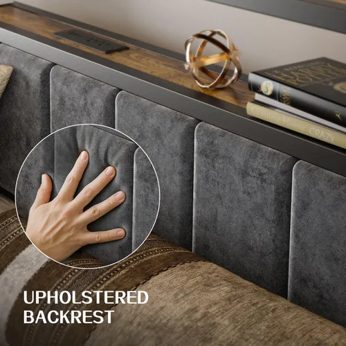 Miniatura 7 de Liians Estructura de cama de plataforma tamaño completo con luces LED, estación de carga, cabecera tapizada gris con estantes de almacenamiento de 2