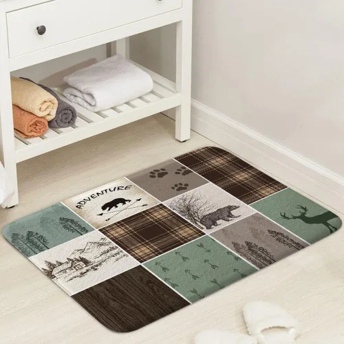Miniatura 4 de Alfombras de baño de cabaña retro rústicas para baño, osos, ciervos, caza, animales salvajes, franela para baño, ducha, antideslizante, tapete a