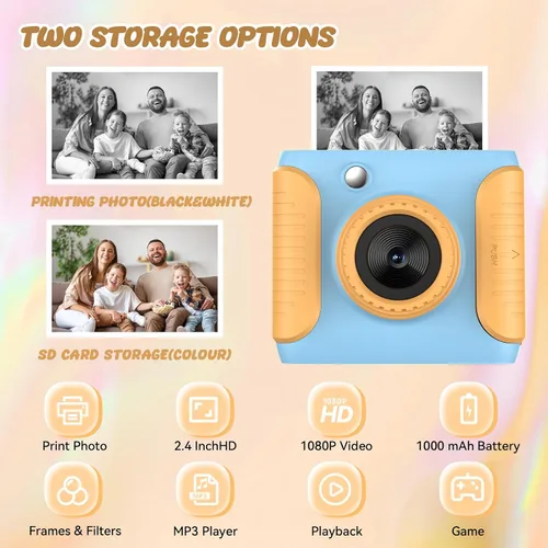 Miniatura 3 de Cámara de impresión instantánea para niños, regalos de cumpleaños de Navidad para niñas y niños, cámara digital de video HD 1080P para niños