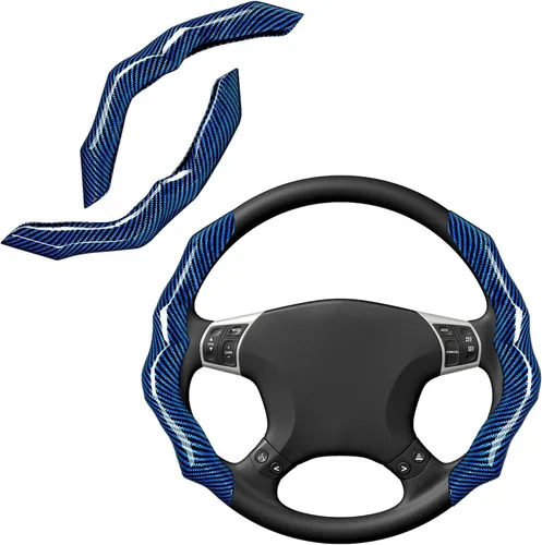 Miniatura 15 de Funda de volante de fibra de carbono con forro antideslizante y diseño segmentado, 2 unidades, protector universal para volante para hombres