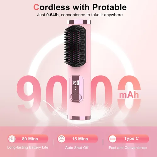 Miniatura 7 de Cepillo alisador de pelo inalámbrico, portátil de 500 millones de iones, cepillo alisador suave, cepillo recargable 4 en 1, calentamiento rápido Rosa