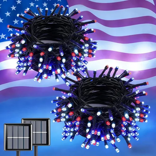 Miniatura 14 de QITONG Paquete de 2 luces solares azules y blancas de Navidad, cada cadena de 200 luces LED solares de 66 pies para exteriores, impermeable, 8 modos