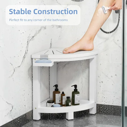 Miniatura 2 de Taburete de ducha esquinero de bambú de 2 niveles para afeitar piernas, banco impermeable con estante de almacenamiento y jabonera, reposapiés Blanco