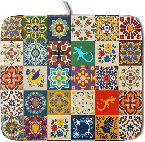 Miniatura 8 de Giwawa Tapete de Secado de Platos Retro Silueta de Cabaña del Bosque de Ciervos para Encimera 18 x 24 pulgadas Otoño Cielo Azul Nube Dibujos