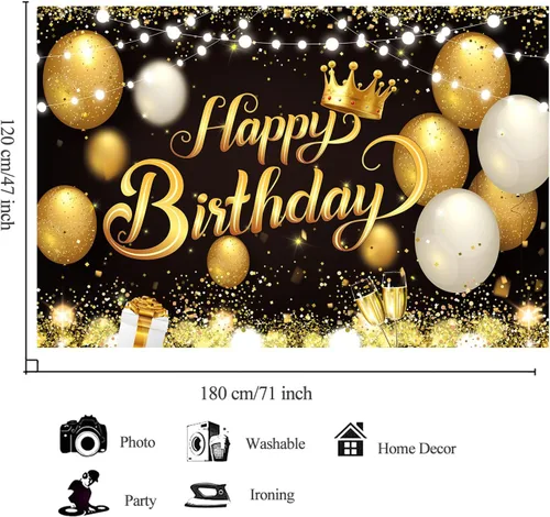 Miniatura 3 de 180x120 cm Telón de Fondo de Cumpleaños Negro y Dorado de 71x47 Pulg. Telones de Fondo de Cumpleaños de Brillo Negro y Dorado Telones de Fondo