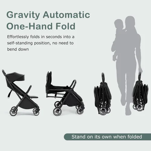 Miniatura 3 de INFANS Cochecito de viaje plegable ultracompacto listo para avión, plegado por gravedad con una sola mano cerca del asiento reclinable plano, Negro