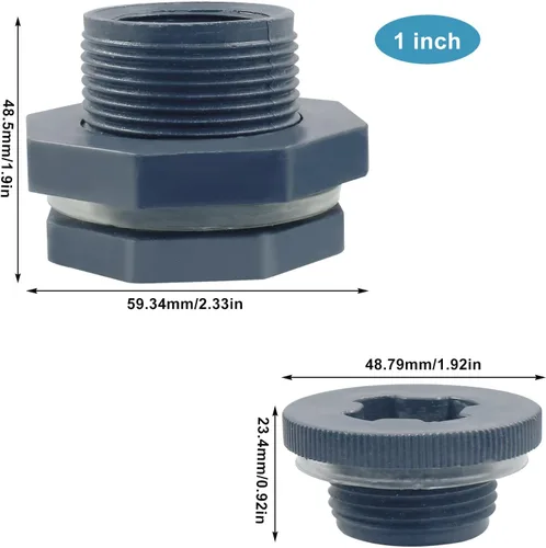 Miniatura 5 de 1" PVC Bulkhead Fitting con enchufes NPT1 rosca hembra conector tanque de agua para barriles de lluvia, acuarios y estanques