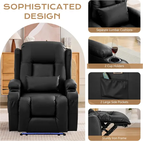 Miniatura 7 de URRED Silla reclinable eléctrica con masaje y calor para adultos, sofá reclinable eléctrico para cine en casa con luz ambiental, puertos USB
