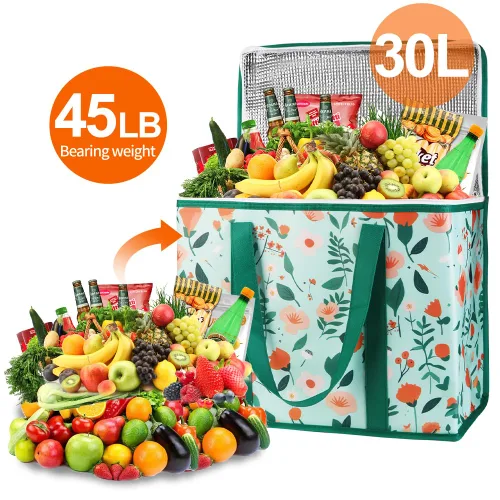 Miniatura 4 de Bodaon - Paquete de 2 bolsas de compras reutilizables y aisladas para comestibles, tamaño XL, bolsa térmica para picnic con cierre superior, bolsa