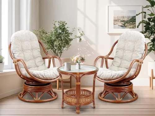 Miniatura 11 de Juego de 2 mecedoras giratorias Bali Lounge con cojín floral y mesa de centro redonda Pelangi, mimbre de ratán natural, hecho a mano, color colonial