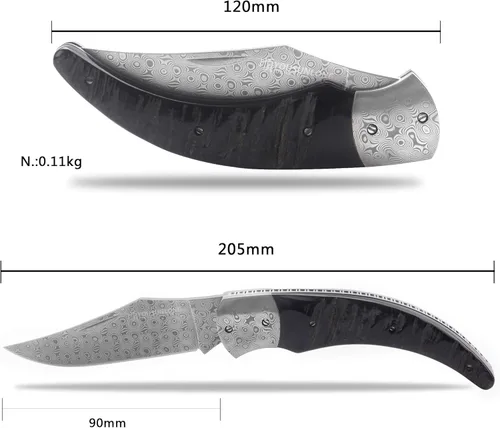 Miniatura 2 de YOUSUNLONG Navaja de bolsillo – Cuchillo plegable – Total 8.071 in – Hoja de acero de Damasco japonés – Mango de cuerno de búfalo negro natural