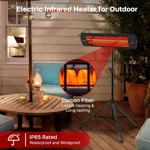Miniatura 2 de ThermoMate Calentador Infrarrojo de Patio para Exteriores con Trípode, Eléctrico 1500W IP65 Impermeable con Control Remoto, 3 Niveles de Calefacción