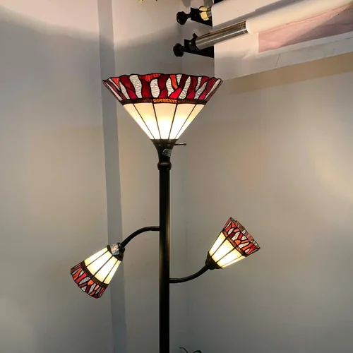 Miniatura 3 de Bieye L10838 Lámpara de pie Tiffany estilo flamenca con vitral y luces laterales para lectura, 177.8 cm de alto (Llama, Rojo)