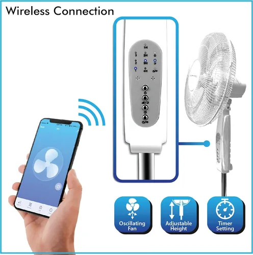 Miniatura 4 de Technical Pro Ventilador de pedestal oscilante inteligente, 3 velocidades portátil de 16 pulgadas, ventilador de pie habilitado para WIFI, altura