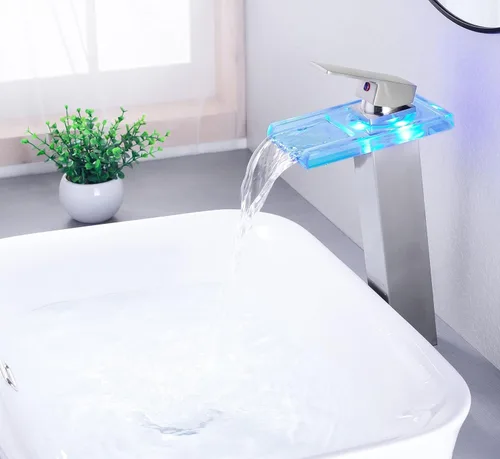 Miniatura 2 de Grifo LED para lavabo de baño de níquel cepillado, grifo de fregadero de recipiente alto, cascada de una sola manija, 1 agujero y 2 líneas de Mate